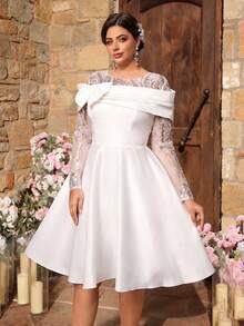 Aureia 大码优雅奢华白色串珠刺绣拼接褶皱蝴蝶结装饰长袖A字裙摆连衣裙，适合晚宴、约会、舞会、婚礼、新娘送礼会、情人节等场合。 - 白色 - 查看 4