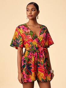 Travachic Mono de mujer con cuello cruzado, mangas con volantes y cintura con lazo, estampado tropical de leopardo para vacaciones de verano en la playa - Rosa Fucsia - Ver 6