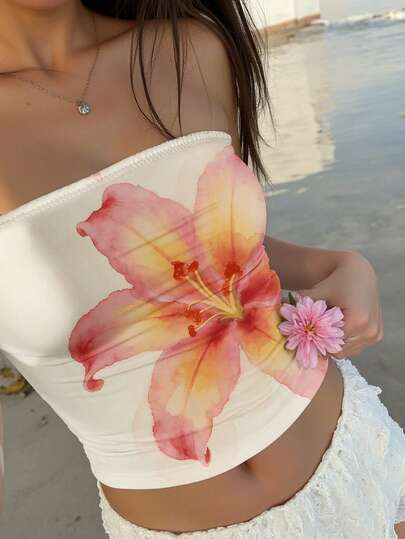  Aloruh Women's Casual Orange Hawaiian Floral Print Bandeau Top, Suitable For Summer, Beach, Music Festivals, Can Be Used As Beach Cover-Up, Casual Bikini, Comfortable Swimwear Or Decorative Beach