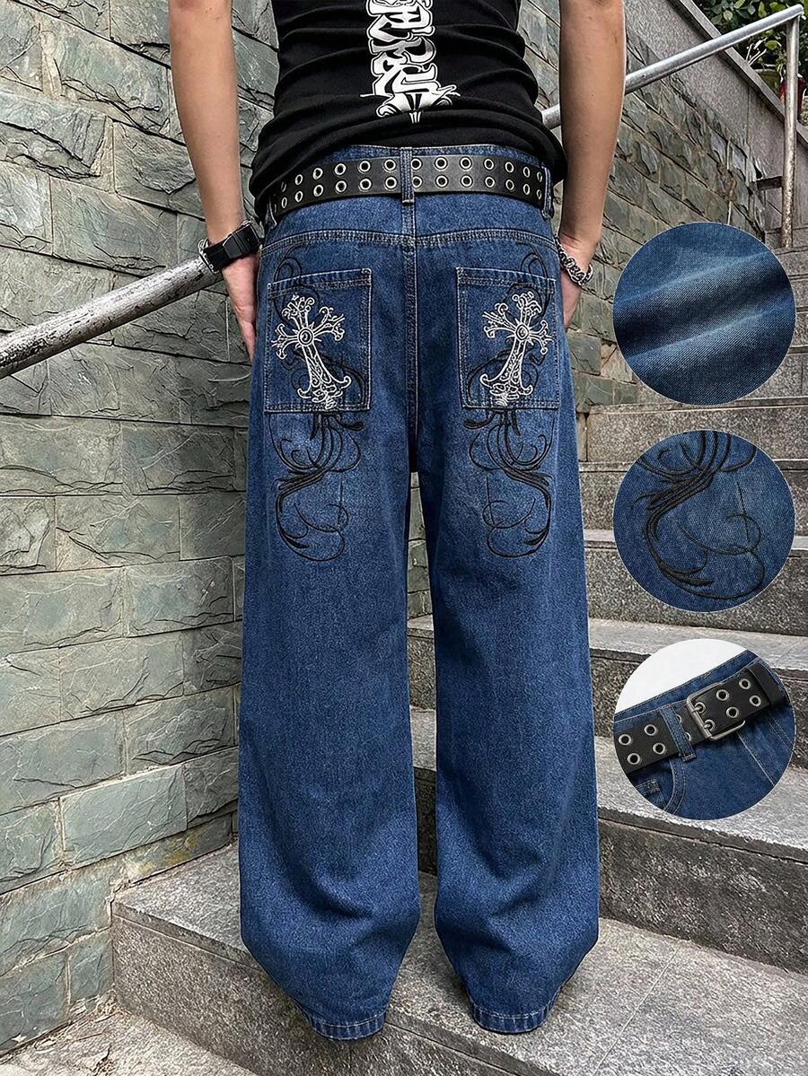 ROMWE MEN Street Life Men's Casual Washed Cross Embroidered Denim Jeans - Blue - View 1