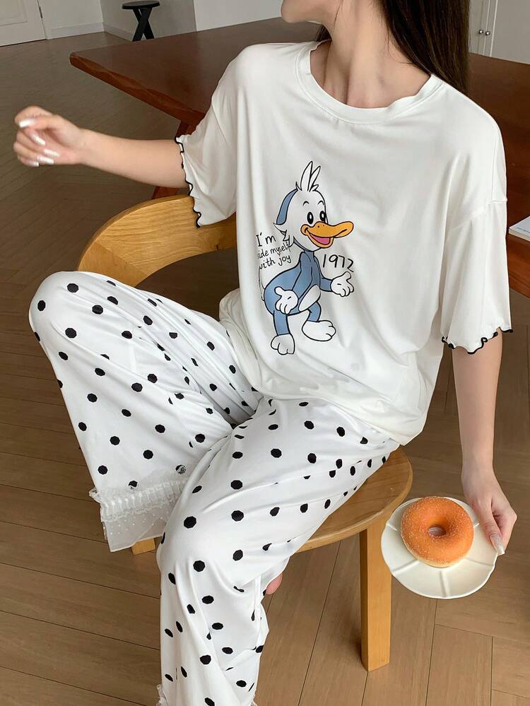Cartoon Animal Print Contrast Trim Loose Top & Polka Dot Ruffle Decor Pajama Pants Women Sleepwear Set