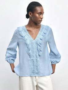 Maija Women's Blue Ruffled Lace Patchwork Loose Casual Blouse - Blue - View 7