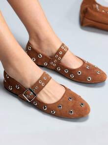 CUCCOO GRLICON Women's Rivet Decor Buckle Flat Loafers - Brown - View 1