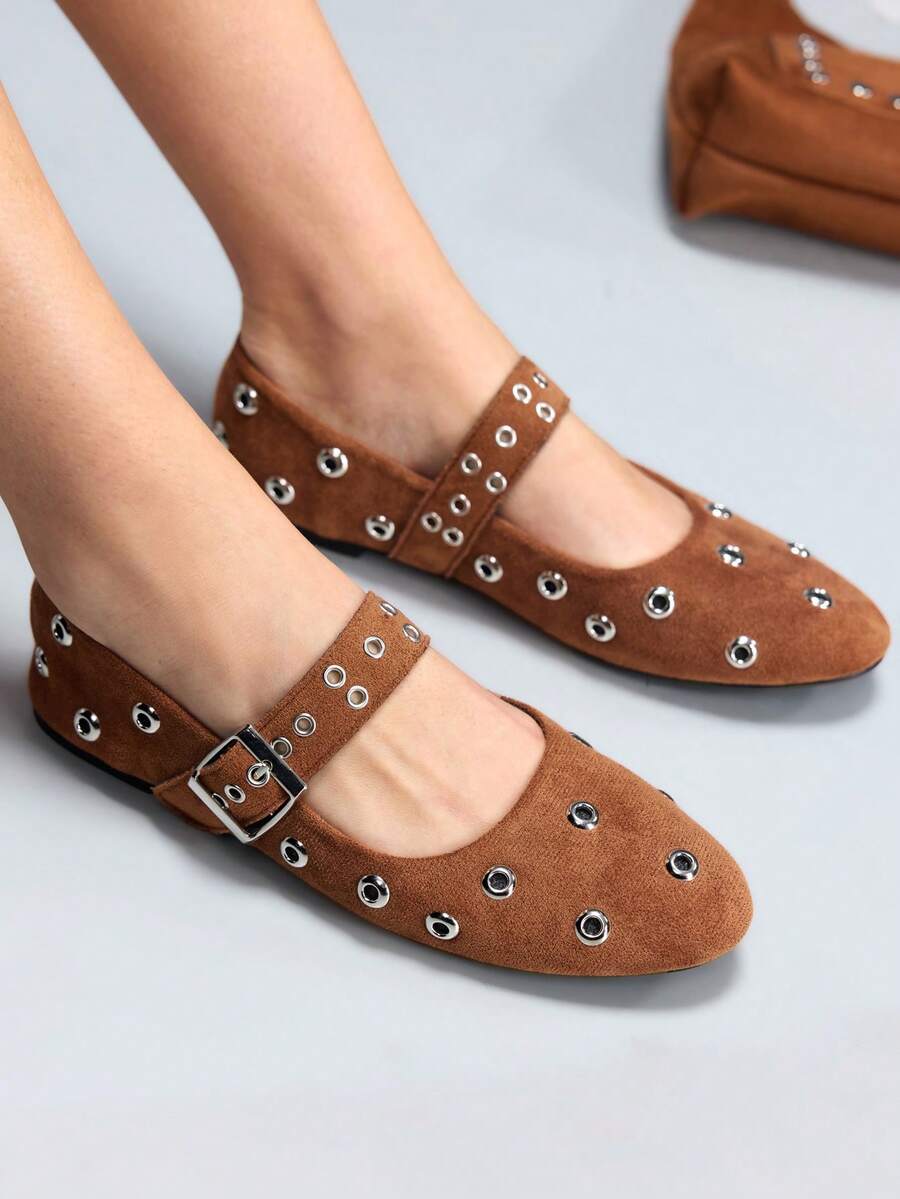CUCCOO GRLICON Women's Rivet Decor Buckle Flat Loafers - Brown - View 1