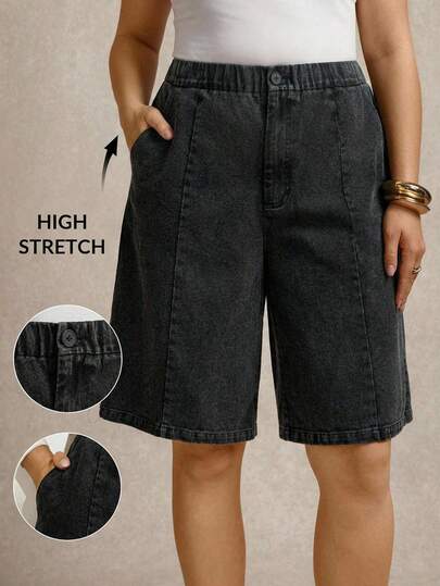Zelara 大码女式做旧牛仔七分裤，腰部纽扣带口袋，休闲黑色短裤，适合夏季假期、情人节、春假等场合穿着。