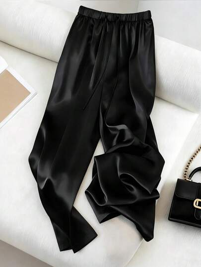 SHEIN PETITE CURVE Plus Size Women's Shiny Casual Straight Leg Pants, Minimalist Style For Commuting And Everyday Wear