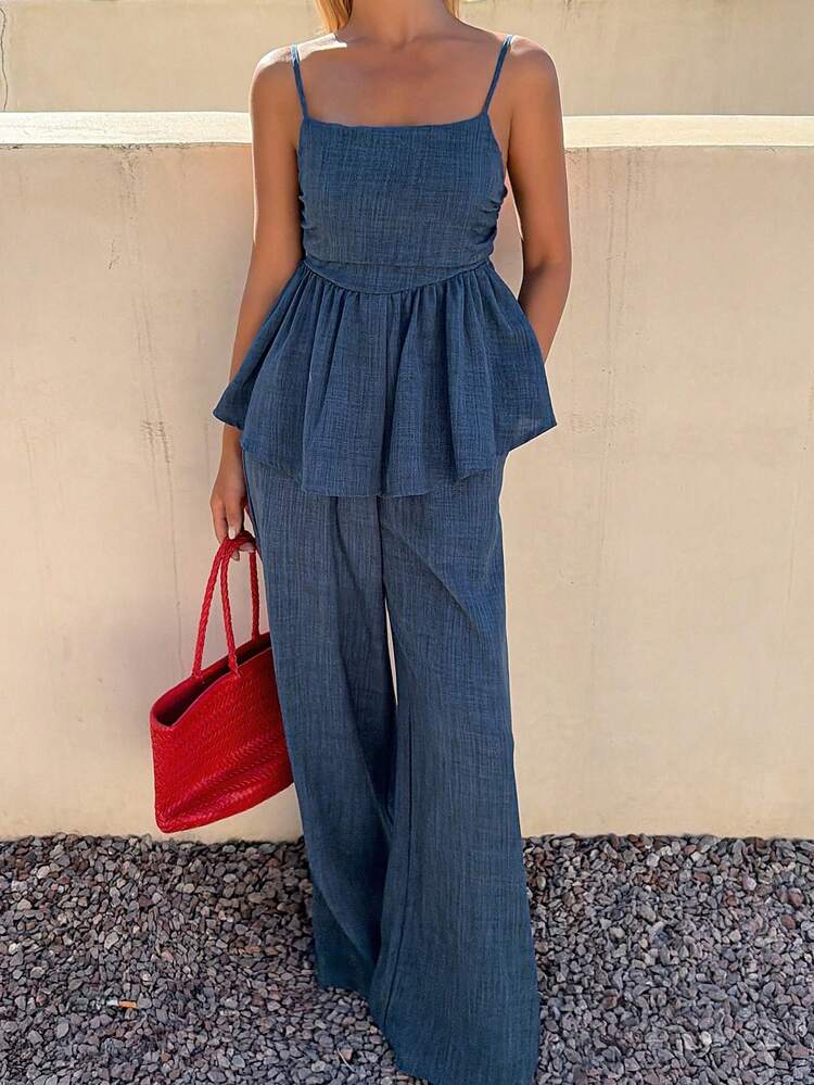 Fashionable Versatile Asymmetrical Slit Camisole Top + High Waist Elastic Loose Wide Leg Pants Women 2 Pieces Set