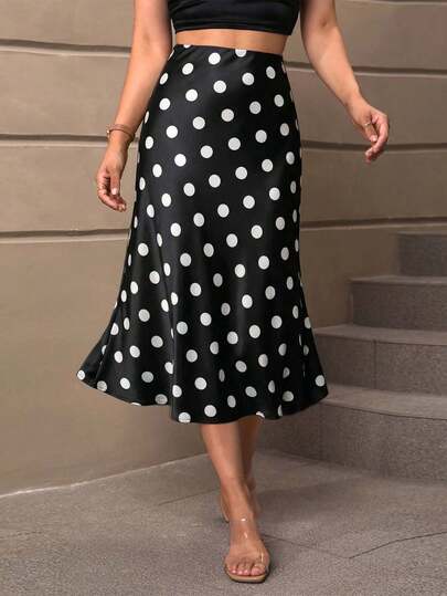 SHEIN BAE Women's Polka Dot Print High Waist Elegant Fishtail Skirt, Summer For Women
