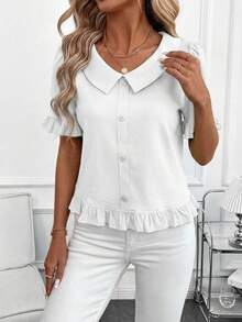 SHEIN Clasi Áo nữ tay ngắn, màu trơn, cài cúc phía trước, kiểu dáng thường ngày, thích hợp mặc đi chơi, trang phục mùa hè cho nữ. - trắng - Xem 7