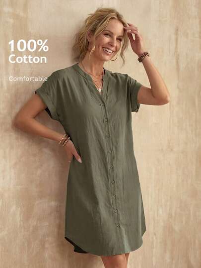 EMERY ROSE Vestido informal mini de unicolor con botones delanteros y mangas cortas para mujer