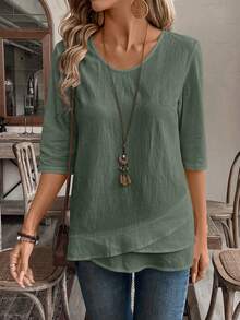 EMERY ROSE Fall Women ClothesCrew Neck Long Sleeve Floral All-Over Print Casual Top - Army Green - View 7