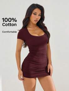 SHEIN PETITE Đầm mùa hè trơn, đầm ôm sát xếp ly. - Màu đỏ tím - Xem 7