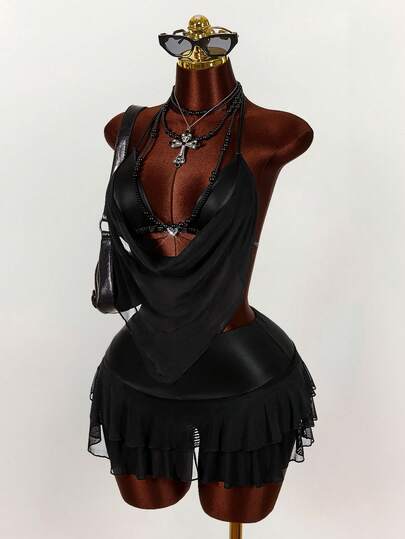 Amplova 2pcs Women's Halter Backless Bra Detail Crop Top & Multi-Layer Hem Mini Skirt Set, Cute & Sexy Outfit Suitable For Music Festivals, PU Splice Gothic Top Rock Style Clothes Women Dance Outfit For Women Club Outfits For Women Party Babyphat Goth Leather