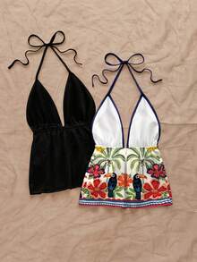 Soleia 2pcs Women's Tropical Rainforest Palm Tree Bird Retro Print & Solid Black Halter V-Neck Backless Woven Cami Top Set, Vacation Beach Cruise Boho Music Festival Concert Wedding Guest City Trip Island G - Multicolor - View 2