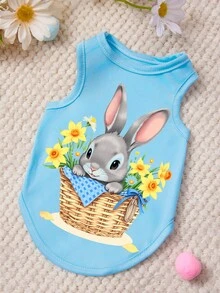PETSIN 1 Piece Of Bunny Flower Printed Pet Vest In A Basket, Blue Casual Pet Clothing - Blue - View 1