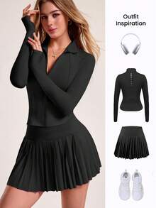CourtClass Bộ đồ tennis dài tay màu trơn dành cho nữ (2 món) - màu đen - Xem 5