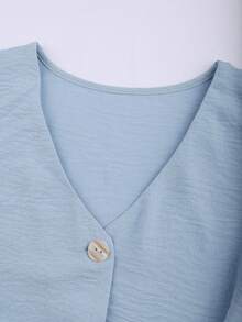 Franclia Plus Size Women V-Neck Single-Breasted Pleated Short Sleeve Blouse,Light Blue Summer Smart Casual Everyday Business Office Classy Button Up Tops - Baby Blue - View 3
