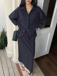 DAZY Women's Striped Long Sleeve Button-Up Shirt And A-Line Skirt Casual 2-Piece Set - Navy Blue - View 3