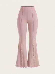 SHEIN Tall CURVE Quần ống loe co giãn viền bèo tây dành cho nữ cỡ lớn. - Bụi hồng - Xem 5