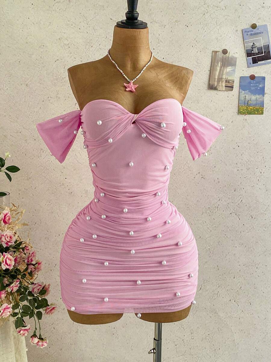 Soleia Vacation Knit Mesh Strapless Off-Shoulder Bodycon Dress For Women ,Summer Dress - Pink - View 1