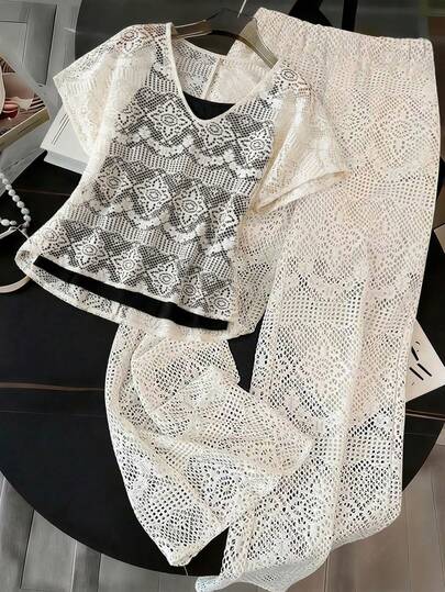 GlowEve CURVE Plus Size Women's 3-Piece Set: Hollow-Out Jacquard Loose Pullover V-Neck Top, Solid Color Camisole, And Hollow-Out Straight Leg Pants, Fashionable For Commuting, Spring Outing, And Daily Wear