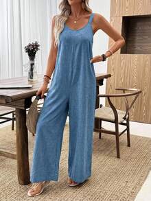 EMERY ROSE Plus Size Women's Textured Blue Casual Jumpsuit, Minimalist Fashion For Spring/Summer - Multicolor - View 4