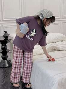 DAZY 2pcs Tween Girl Girls' Casual Printed Short Sleeve T-Shirt And Pants Set, Fall Outfit - Purple - View 6