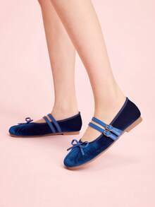 CUCCOO DOLLMOD Gentle Blue Velvet Ballet Shoes, Daily Commuting Flat Mary Jane Shoes - Royal Blue - View 3
