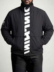 DRIVNCORE Plus Size Men's Casual Jacket, Stand Collar, Large Graphic Print, Sporty Design, Versatile, Suitable For Young Couples,Vintage,Vacation,I Love My Boyfriend,Plus Size Men - Black - View 1