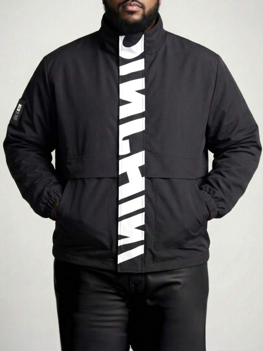 DRIVNCORE Plus Size Men's Casual Jacket, Stand Collar, Large Graphic Print, Sporty Design, Versatile, Suitable For Young Couples,Vintage,Vacation,I Love My Boyfriend,Plus Size Men - Black - View 1