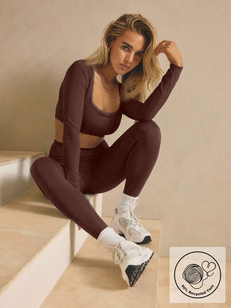 Aralina Leisurewear Lace Trim Long Sleeve Crop And Legging Active Gym Workout Two Pieces Women Set - Brown - View 1
