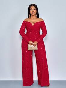SOLERSUN Women's Fashionable Elegant V-Neck Off Shoulder Long Sleeve Party Night Club Sparkly Fabrics Jumpsuits, Suitable For Christmas Party Valentine's Day Dating,Fall,Winter,Sexy,Party,Elegant,Chinese Red,2026,New Year - Red - View 5