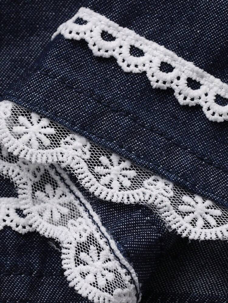 Tween Girls' Drawstring Waist Contrast Lace Pocket Wide Leg Loose Casual Jeans