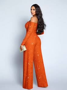 SOLERSUN 女士时尚优雅V领露肩长袖派对夜店闪亮面料连体裤，适合圣诞派对、情人节约会等场合 - 橘色 - 查看 2