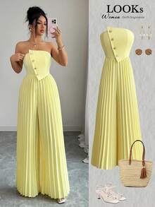 SHEIN Elenzya Cream Yellow Strapless Button-Up Jumpsuit, High Waist Pleated Wide Leg Pants, Elegant Mature Vibe Romper For Parties & Dates - Yellow - View 1