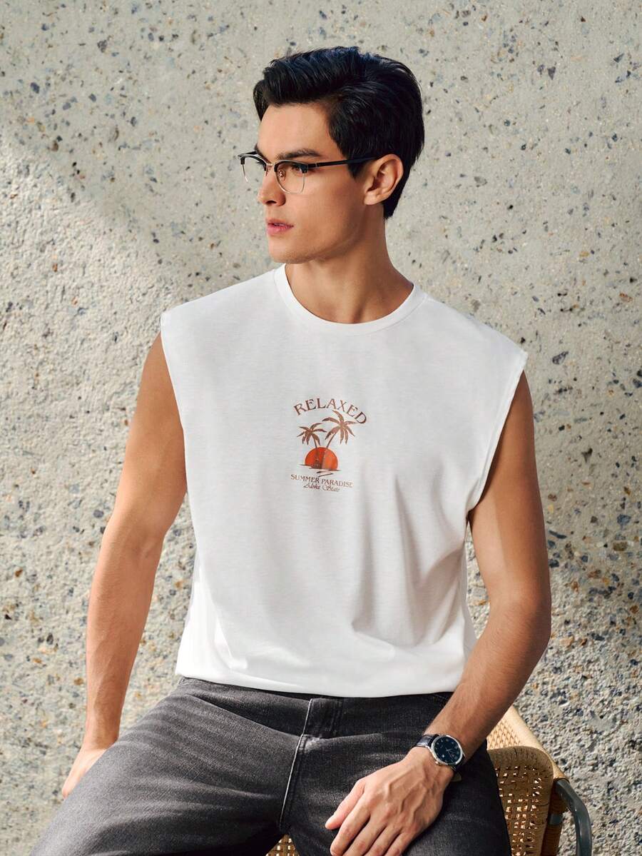 RONVEXI 男士热带字母印花图案休闲夏季无袖背心 - 白色 - 查看 1