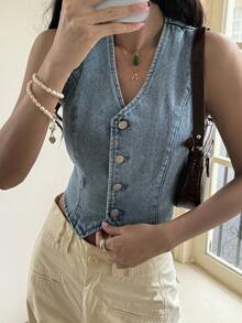 DAZY Áo sơ mi denim dáng ôm, cổ chữ V, không tay, kiểu dáng rách rưới dành cho nữ. - Màu xanh lam - Xem 4