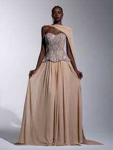 Elitara Elegant Luxurious Apricot Satin Beaded Sequin Embroidered Mesh Splice Elastic Knit Ruched Hanging Tassel Suitable For Wedding, Party, Vacation, Ball, Holiday Evening Dress - Apricot - View 1