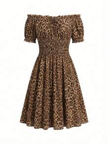 SHEIN VCAY 大码度假露肩豹纹连衣裙，母亲节礼物，复活节服装，女士度假服装，女士演唱会服装，女士毕业礼服，女士夏季服装，女士短裙，女士夏季服装，女士太阳裙 - 棕色 - 查看 7