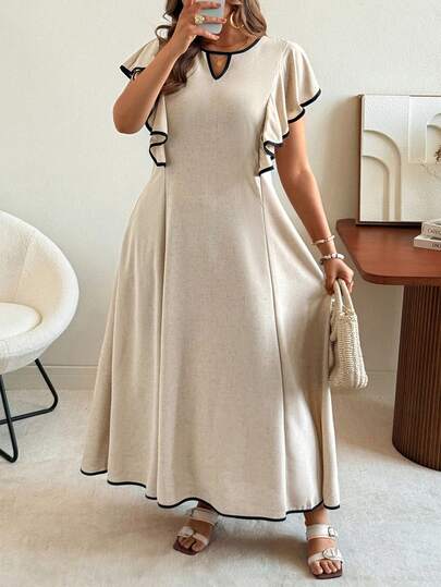 Ceyna Plus Size Contrast Color Ruffle Hem Casual Linen-Like Dress