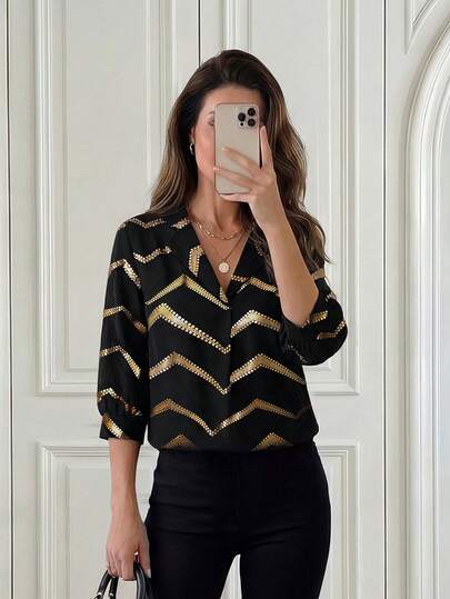 Miaspire 女士V领七分袖金色箔片面料休闲优雅衬衫，适合工作和日常穿着，夏季服装