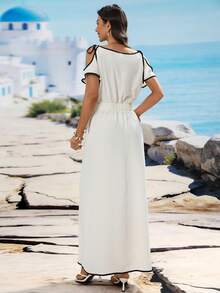 SHEIN Holidaya Women's Off-Shoulder Adjustable Tie Casual Vacation Style Solid Color Dress - Apricot - View 2
