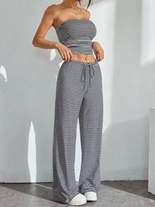 SHEIN PETITE 女士度假条纹抹胸上衣和系带阔腿裤两件套 - 黑色 - 查看 4