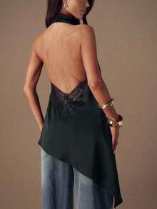 Top de satén con parches de encaje y espalda descubierta, elegante y apropiado para fiestas, cócteles, ocasiones formales, Navidad y vestimenta casual de negocios - Negro 3 - Ver 2