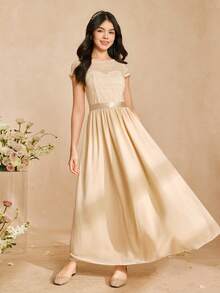 少女圆领短袖优雅纯色夏季连衣裙，少女伴娘礼服，米色少女连衣裙，香槟色少女派对礼服，优雅少女长款连衣裙 - 杏色 - 查看 4