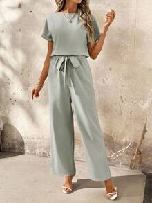 SHEIN Clasi Women's Casual Solid Color Backless Straight Jumpsuit, Summer - Mint Green - View 6
