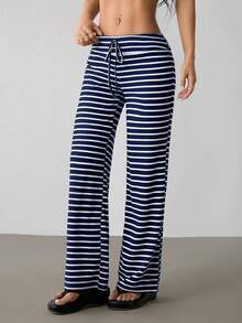 SHEIN PETITE Women's Low Waist Striped Brushed Drawstring Yoga Loose Pants For Home - Navy Blue - View 6