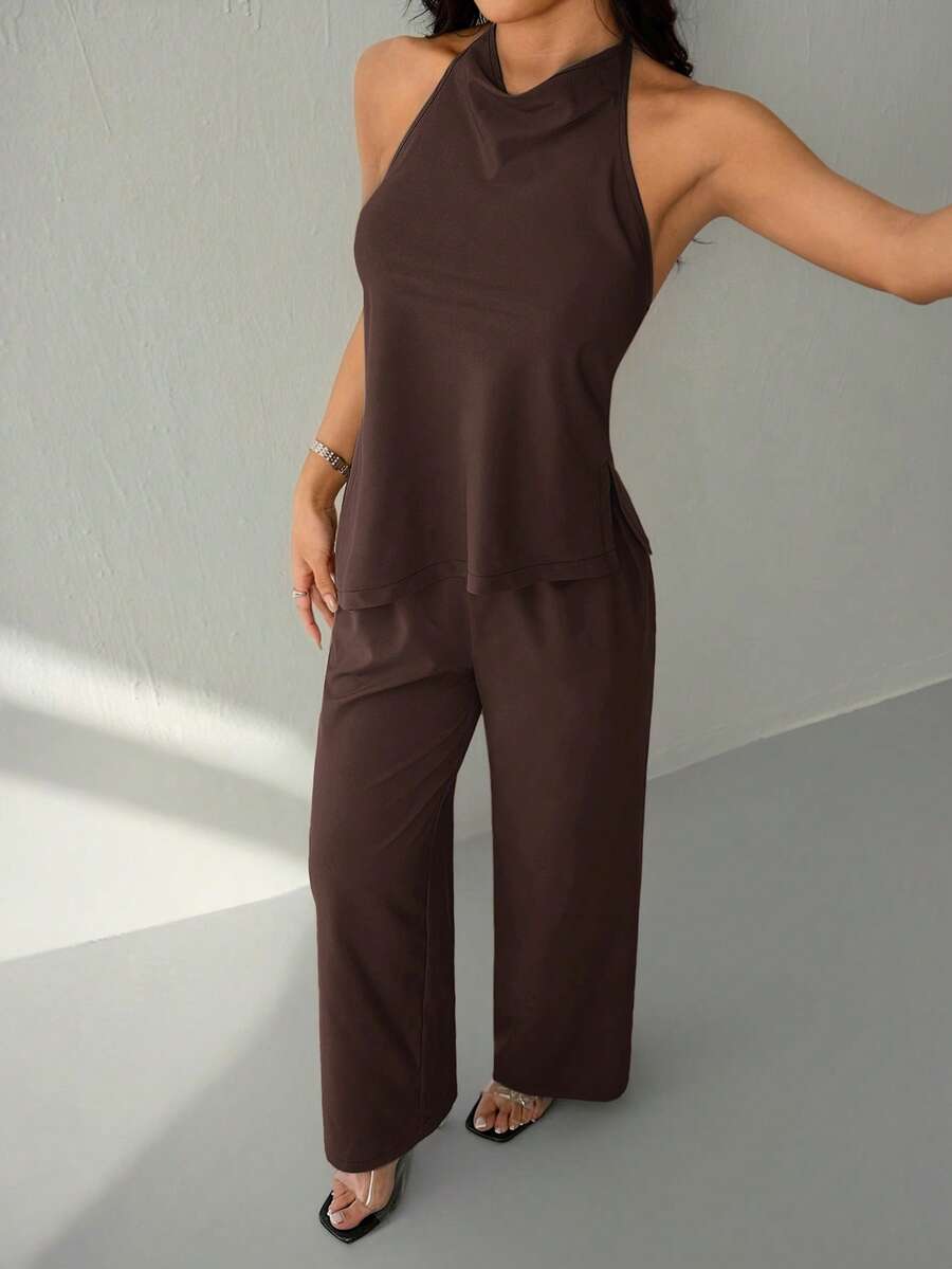 SHEIN PETITE Women's Solid Color Minimalist Sleeveless Top And Pants 2-Piece Set, Casual Daily Wear - Coffee Brown - View 1