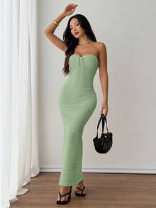 SHEIN PETITE 钩针编织夏季浪漫度假紧身手工钩针抹胸连衣裙，适合约会、度假，秋冬季休闲优雅日常穿着。 - 薄荷綠 - 查看 9