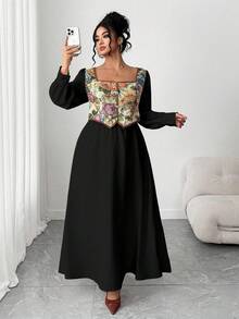 Elenzga Plus Size Women's Vintage French Style Color Block Long Sleeve 2 In 1 Dress, Suitable For Graduation, Holidays, Valentine's Day, Christmas, Music Festivals, Mother's Day, Halloween, Thanksgiving, Easter, National Day, Dances, Dates, Parties, Weddings, Outings - Black - View 8